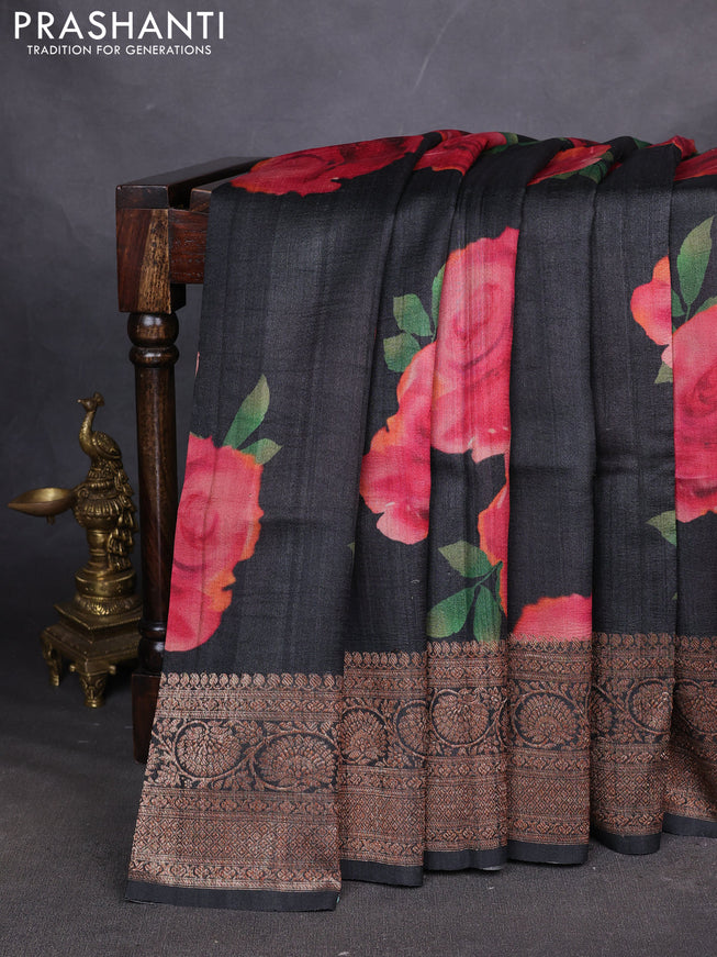 Banarasi tussar silk saree elephant grey with allover floral digital prints and banarasi style border