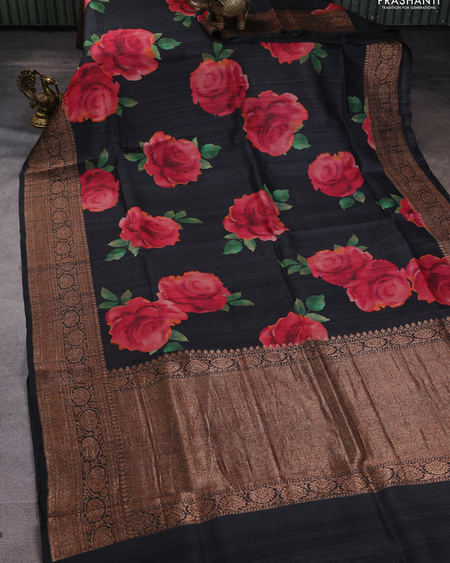 Banarasi tussar silk saree elephant grey with allover floral digital prints and banarasi style border