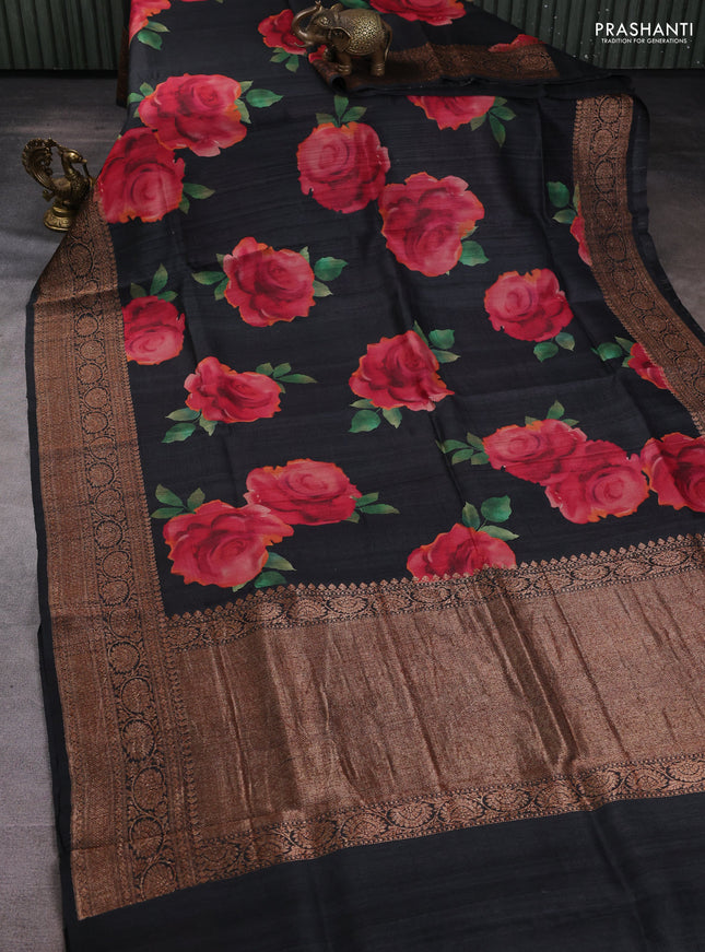 Banarasi tussar silk saree elephant grey with allover floral digital prints and banarasi style border