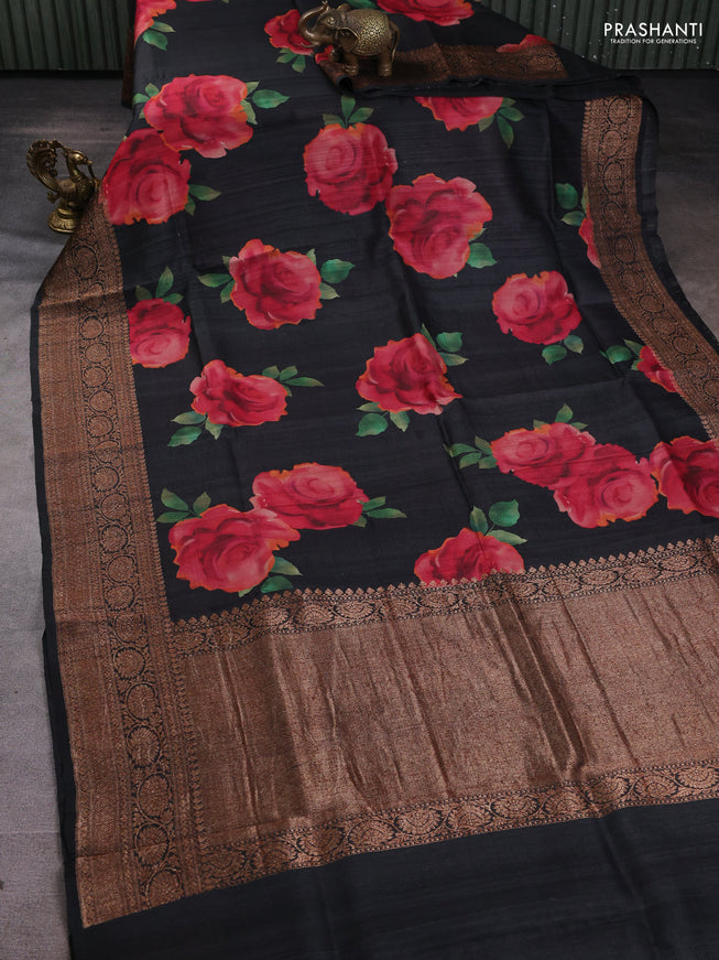 Banarasi tussar silk saree elephant grey with allover floral digital prints and banarasi style border