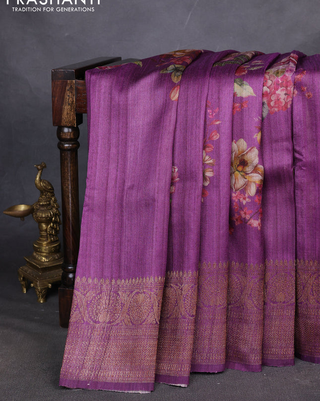 Banarasi tussar silk saree purple with allover floral digital prints and banarasi style border