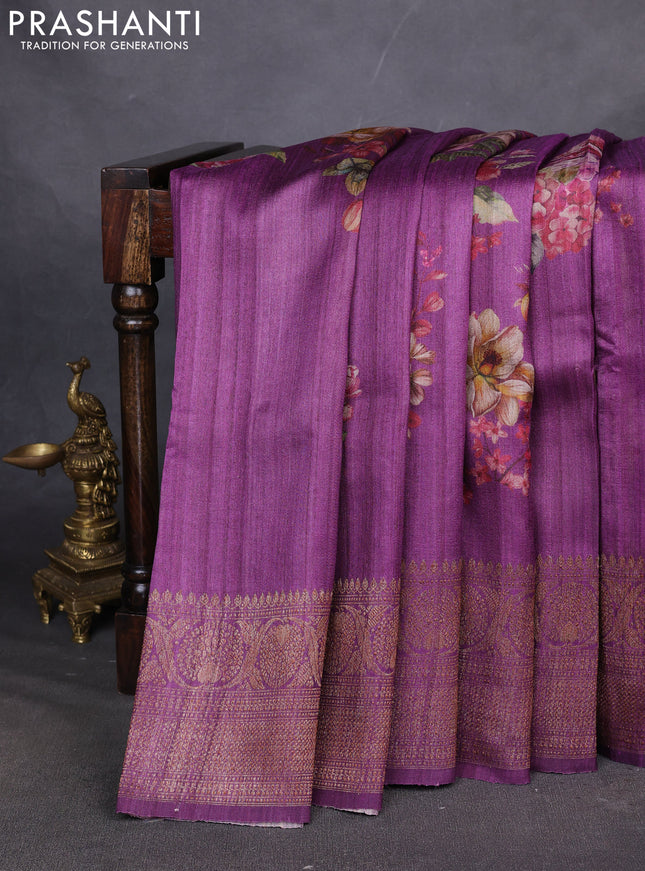 Banarasi tussar silk saree purple with allover floral digital prints and banarasi style border