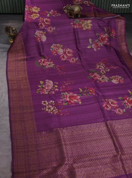 Banarasi tussar silk saree purple with allover floral digital prints and banarasi style border