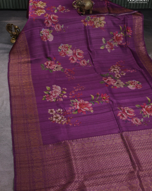 Banarasi tussar silk saree purple with allover floral digital prints and banarasi style border