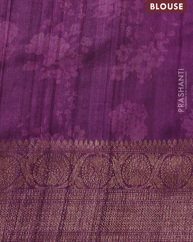 Banarasi tussar silk saree purple with allover floral digital prints and banarasi style border