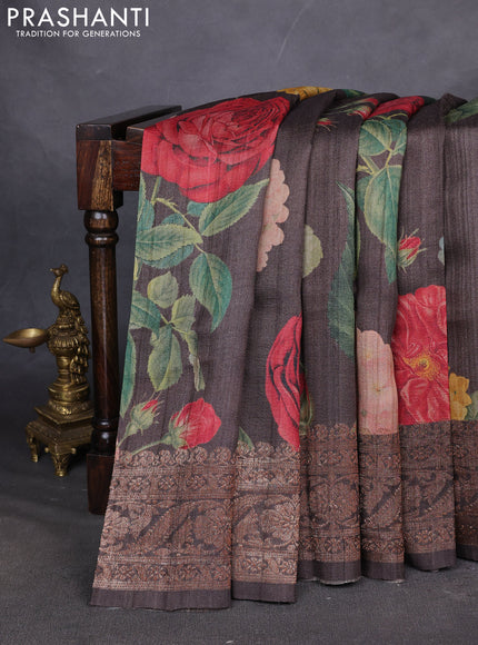 Banarasi tussar silk saree brown with allover floral digital prints and banarasi style border