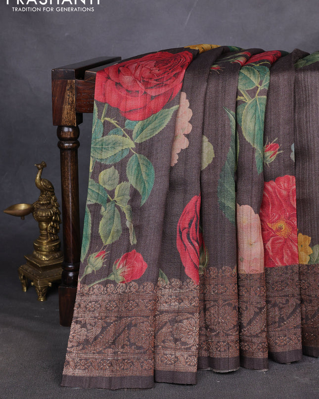 Banarasi tussar silk saree brown with allover floral digital prints and banarasi style border