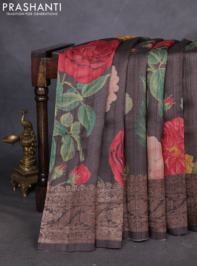 Banarasi tussar silk saree brown with allover floral digital prints and banarasi style border