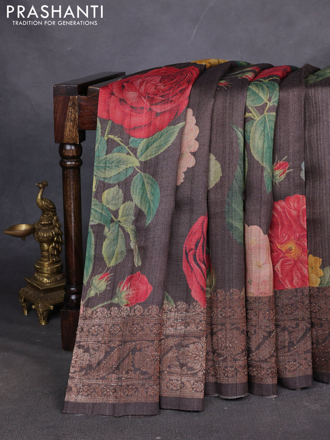 Banarasi tussar silk saree brown with allover floral digital prints and banarasi style border