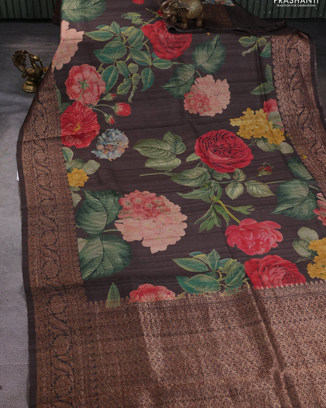 Banarasi tussar silk saree brown with allover floral digital prints and banarasi style border