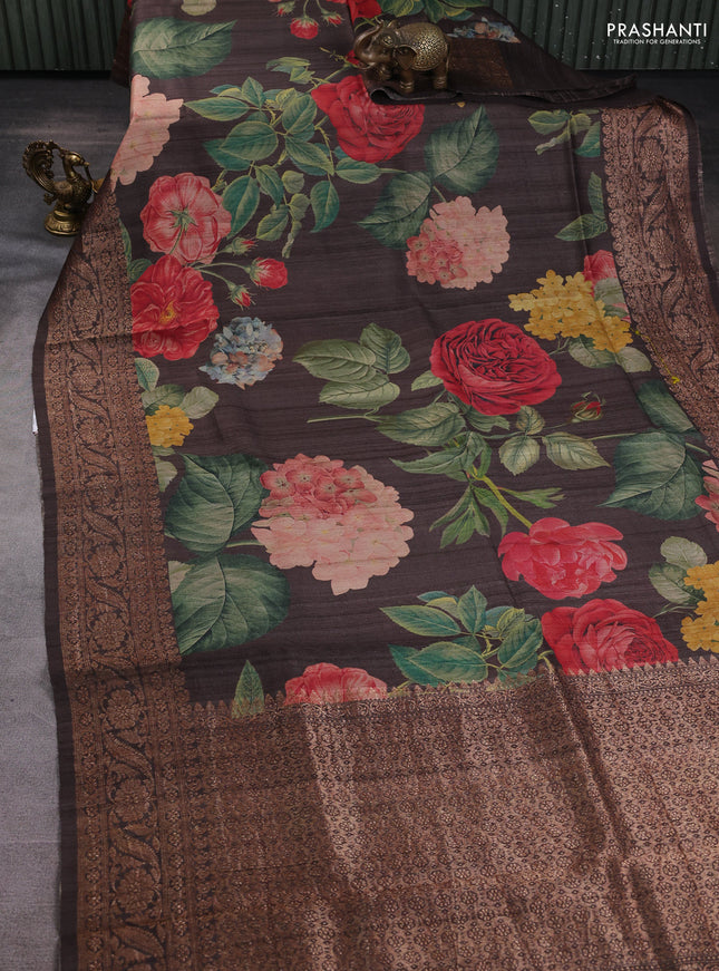 Banarasi tussar silk saree brown with allover floral digital prints and banarasi style border