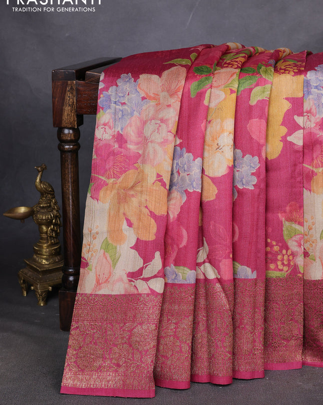 Banarasi tussar silk saree dark pink with allover floral digital prints and banarasi style border