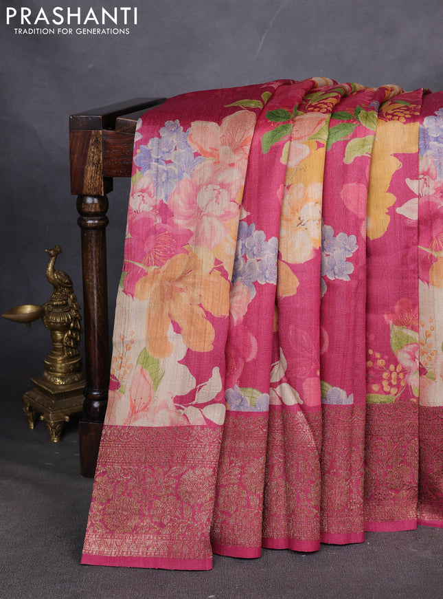 Banarasi tussar silk saree dark pink with allover floral digital prints and banarasi style border