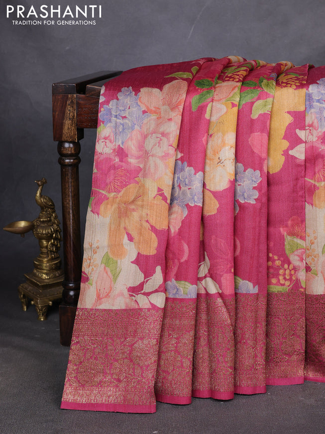 Banarasi tussar silk saree dark pink with allover floral digital prints and banarasi style border