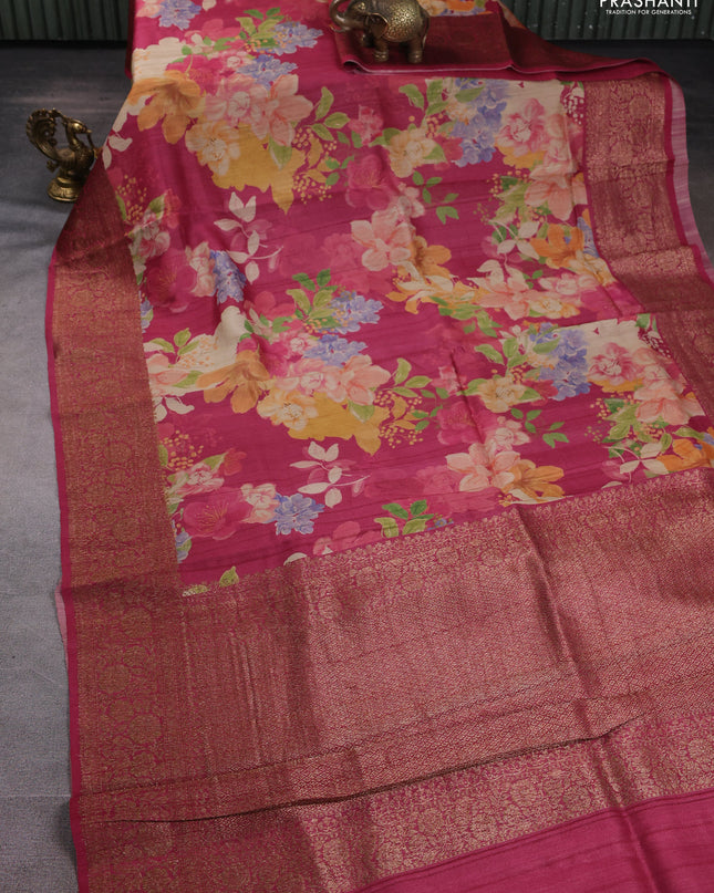 Banarasi tussar silk saree dark pink with allover floral digital prints and banarasi style border