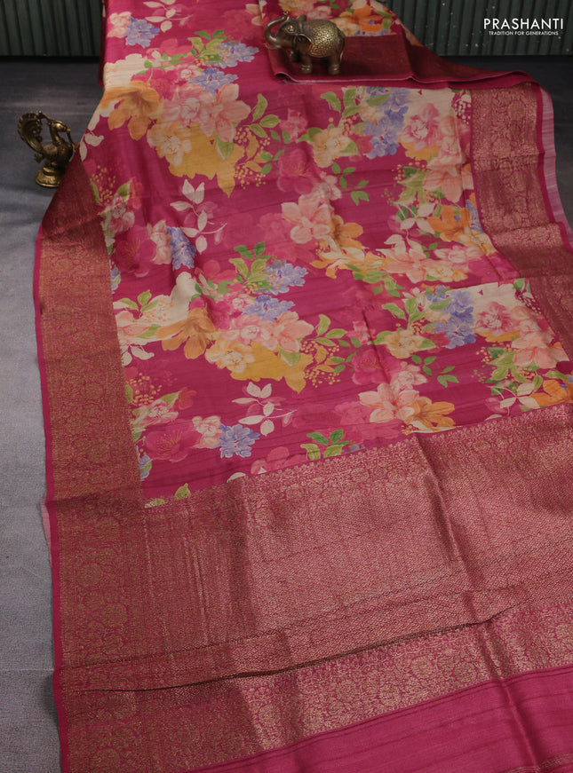Banarasi tussar silk saree dark pink with allover floral digital prints and banarasi style border