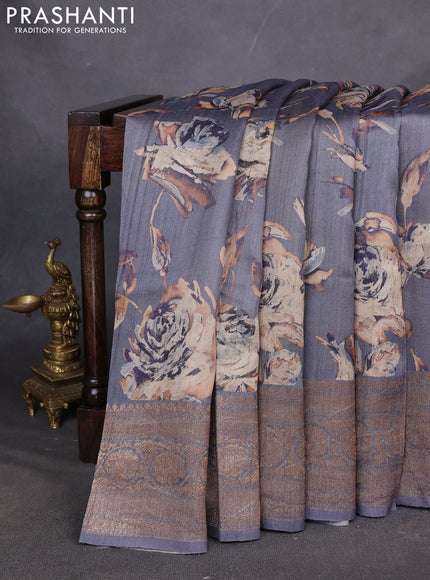 Banarasi tussar silk saree grey with allover floral digital prints and banarasi style border