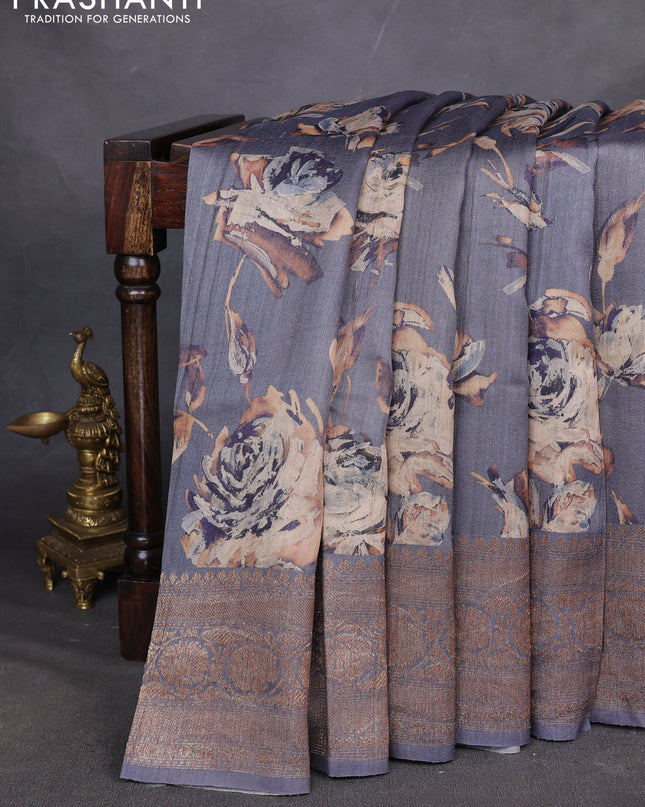Banarasi tussar silk saree grey with allover floral digital prints and banarasi style border