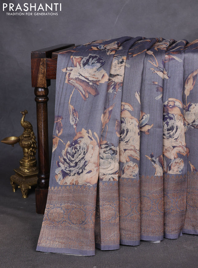 Banarasi tussar silk saree grey with allover floral digital prints and banarasi style border
