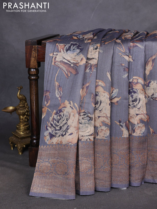 Banarasi tussar silk saree grey with allover floral digital prints and banarasi style border