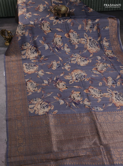 Banarasi tussar silk saree grey with allover floral digital prints and banarasi style border
