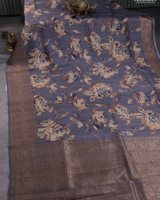 Banarasi tussar silk saree grey with allover floral digital prints and banarasi style border
