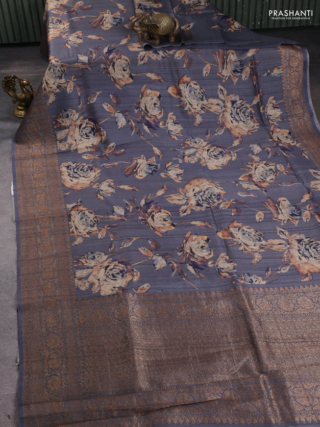 Banarasi tussar silk saree grey with allover floral digital prints and banarasi style border