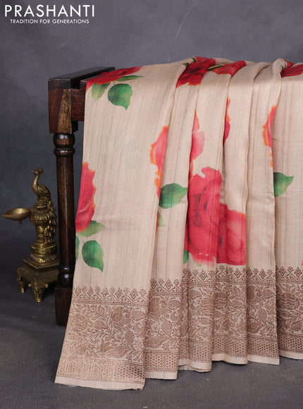 Banarasi tussar silk saree beige with allover floral digital prints and banarasi style border