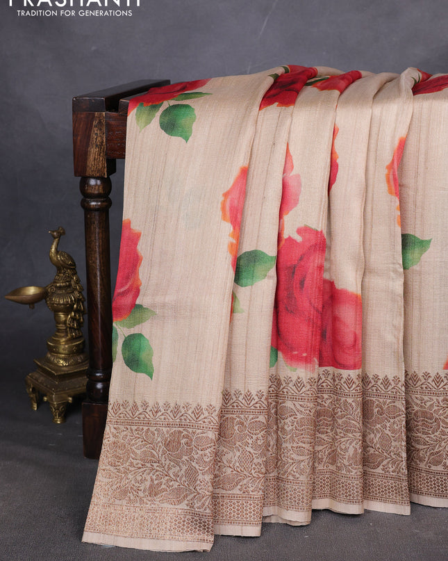 Banarasi tussar silk saree beige with allover floral digital prints and banarasi style border