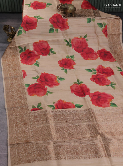 Banarasi tussar silk saree beige with allover floral digital prints and banarasi style border