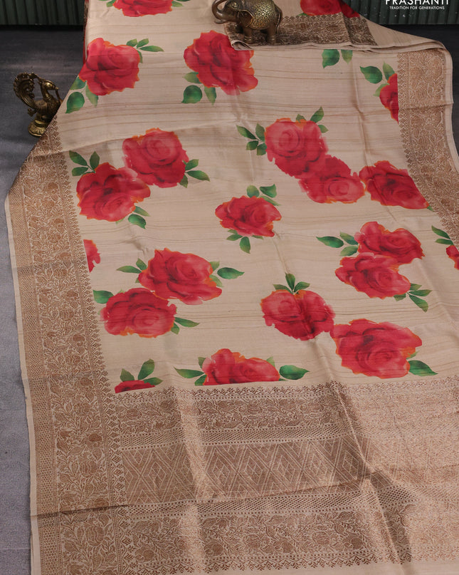 Banarasi tussar silk saree beige with allover floral digital prints and banarasi style border