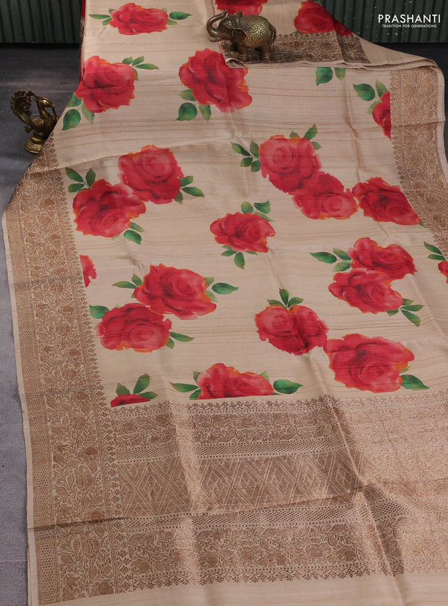 Banarasi tussar silk saree beige with allover floral digital prints and banarasi style border
