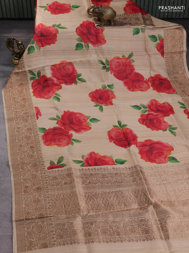 Banarasi tussar silk saree beige with allover floral digital prints and banarasi style border