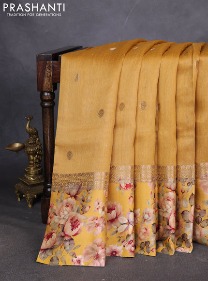 Pure tussar silk saree yellow with zari woven buttas and floral printed border