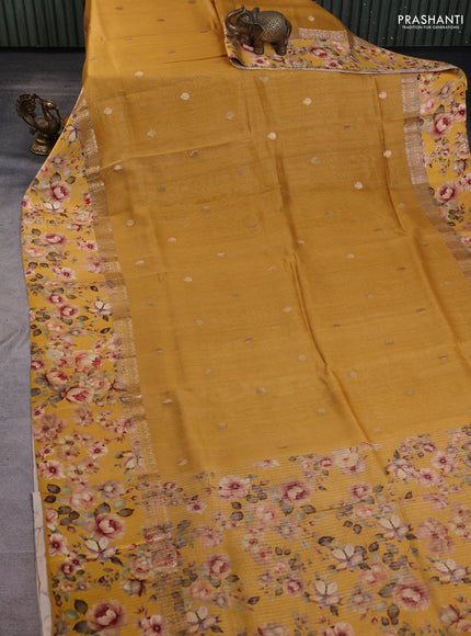 Pure tussar silk saree yellow with zari woven buttas and floral printed border