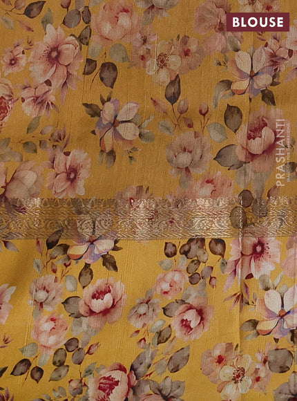 Pure tussar silk saree yellow with zari woven buttas and floral printed border