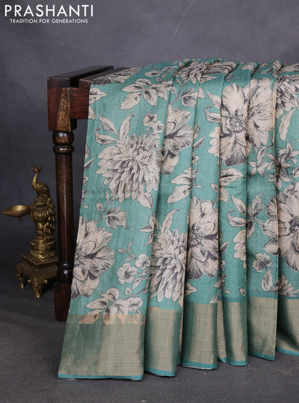 Pure tussar silk saree pastel green with allover prints & pita work and zari woven border