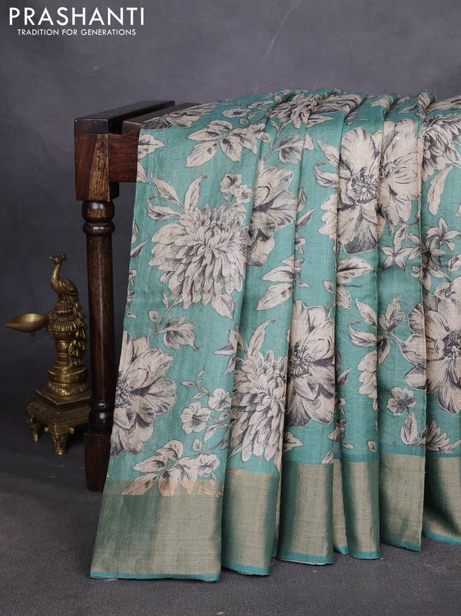 Pure tussar silk saree pastel green with allover prints & pita work and zari woven border