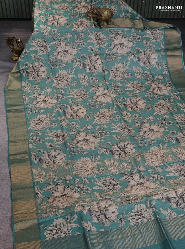 Pure tussar silk saree pastel green with allover prints & pita work and zari woven border