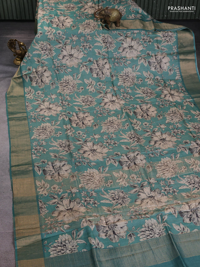 Pure tussar silk saree pastel green with allover prints & pita work and zari woven border