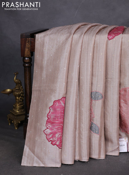 Pure tussar silk saree beige with allover applique work In borderless style