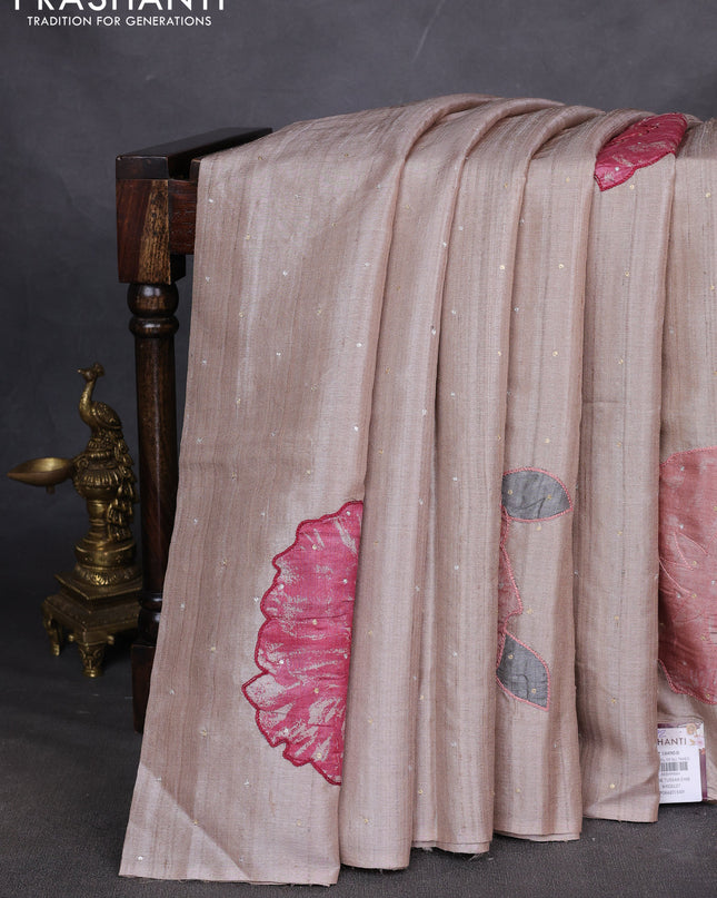 Pure tussar silk saree beige with allover applique work In borderless style