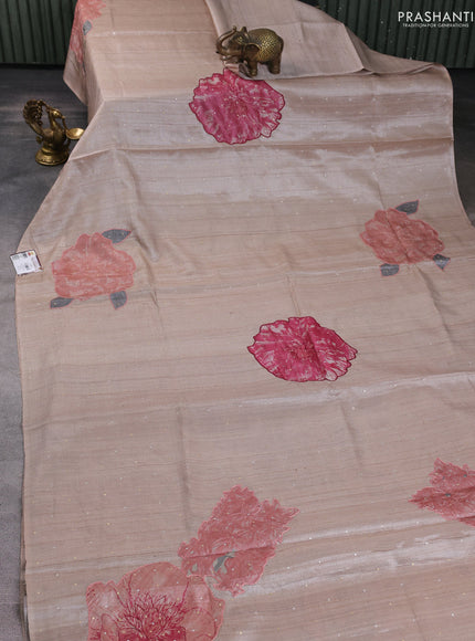 Pure tussar silk saree beige with allover applique work In borderless style