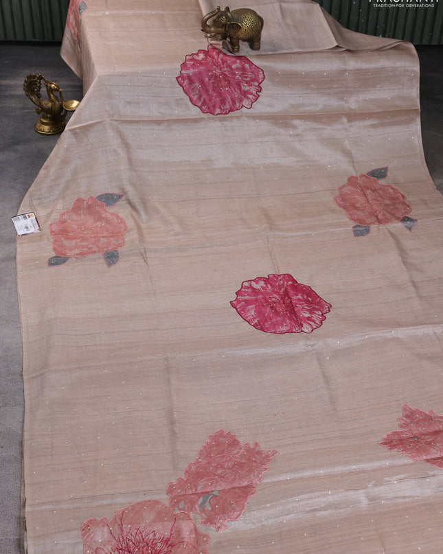 Pure tussar silk saree beige with allover applique work In borderless style
