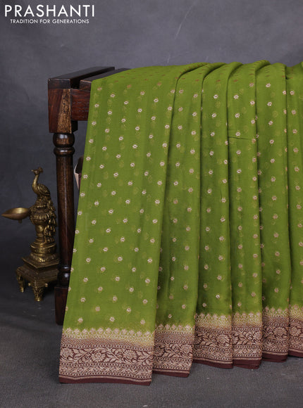 Pure Banarasi georgette saree light green and coffee brown with allover woven buttas and woven border