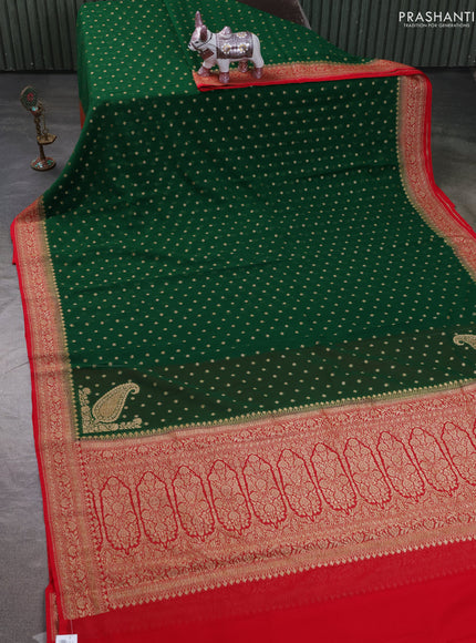 Pure Banarasi georgette saree green and red with allover woven buttas and woven border