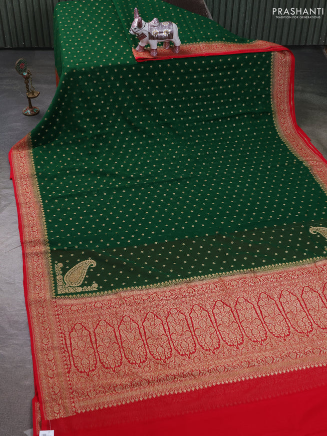 Pure Banarasi georgette saree green and red with allover woven buttas and woven border