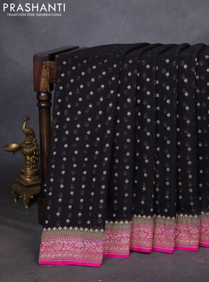 Pure Banarasi georgette saree black and pink with allover woven buttas and woven border