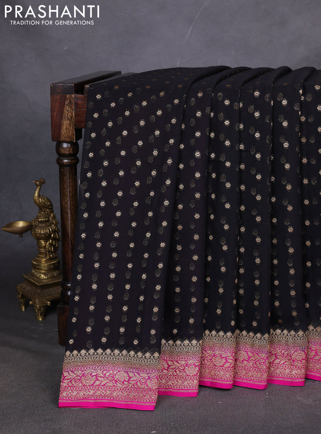 Pure Banarasi georgette saree black and pink with allover woven buttas and woven border