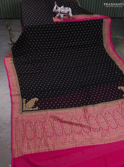 Pure Banarasi georgette saree black and pink with allover woven buttas and woven border
